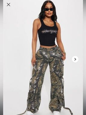 Fashion Nova Olive Camo Wide-Leg Cargo Pants